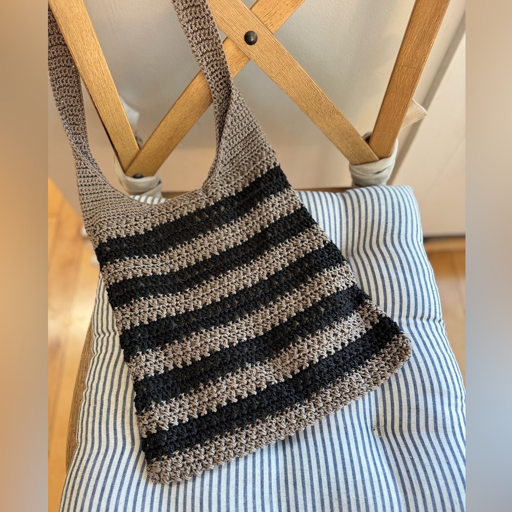 Vintage Boho Black and Taupe Tan Striped Crochet Woven Shoulder Crossbody Bag